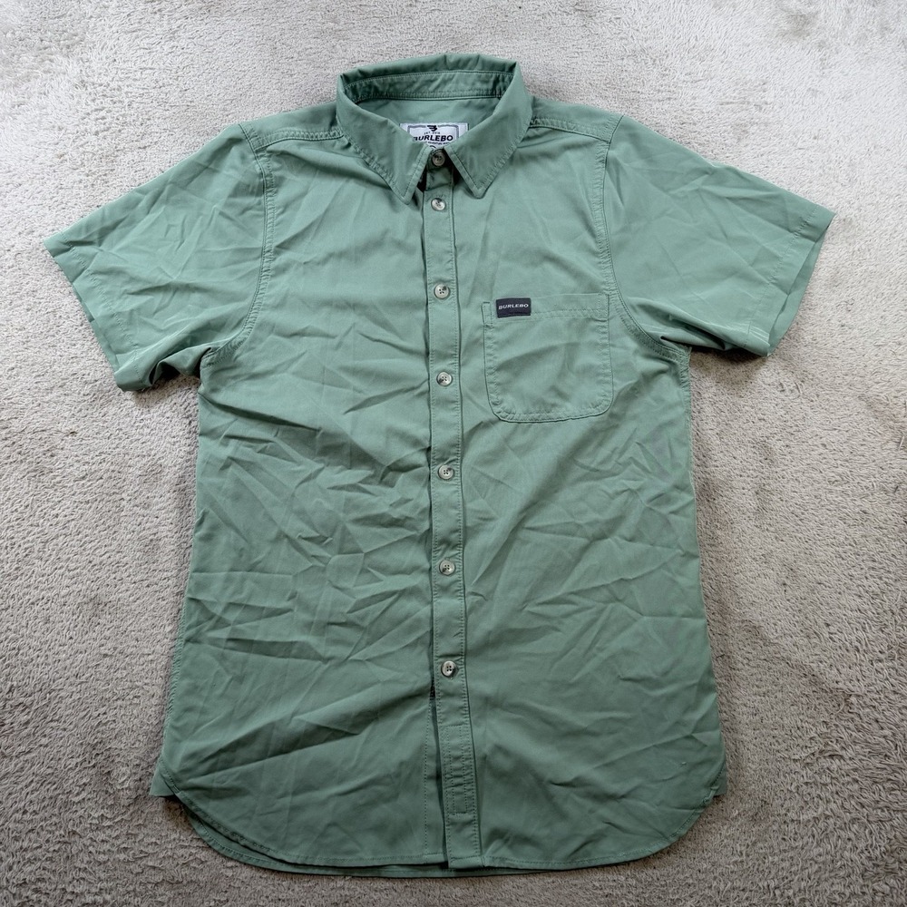 Burlebo Shirt Mens Small Green Button Up Short Sleeve Pocket Outdoor Stretch